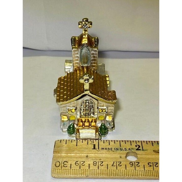 Church Trinket Box, Hinged Collectible, Frosted White Enamel Gold Tone, Crystals - Picture 1 of 6